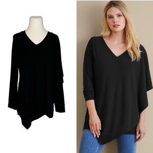 NWT Soft Surroundings Black Knit Long Sleeve V-neck Layered Asymmetric Top- PM